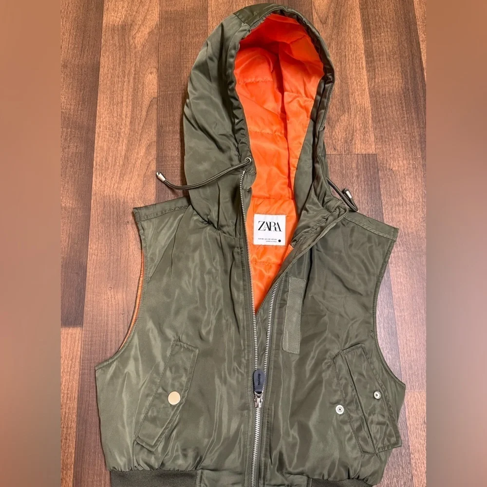 Zara Olive Hooded Vest with Bright Orange Interior
